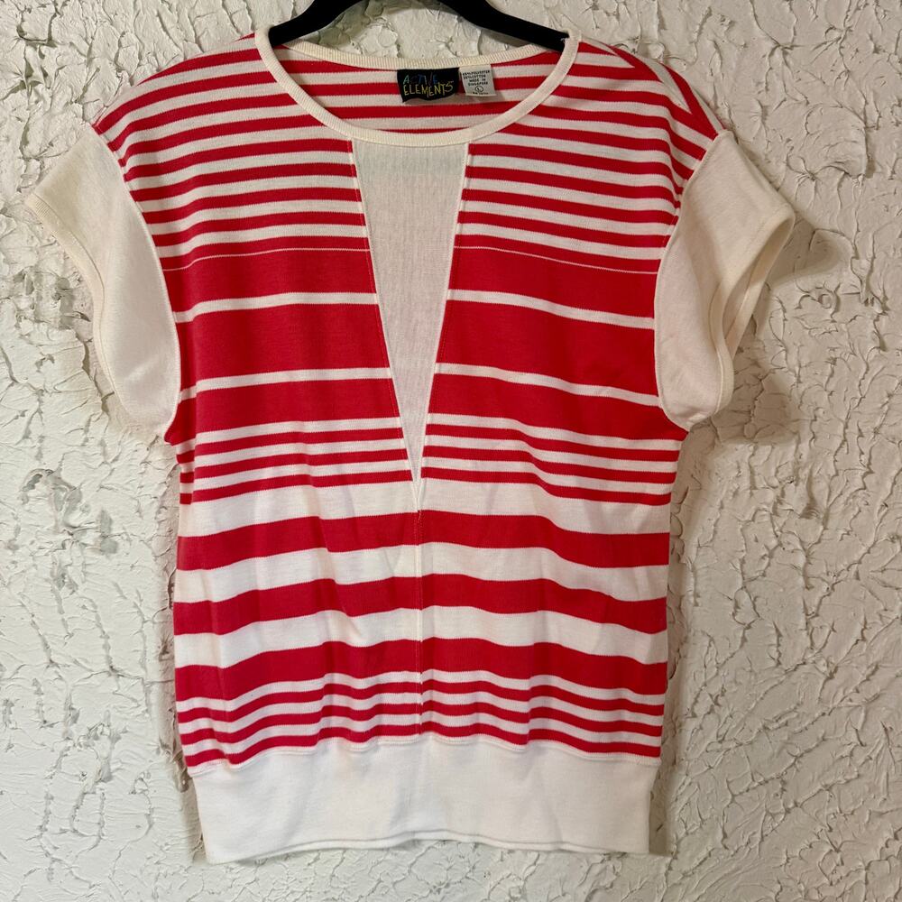 Red White Striped Y2K Knit Top Sheer Panel Cropped Cap Sleeve Size Large